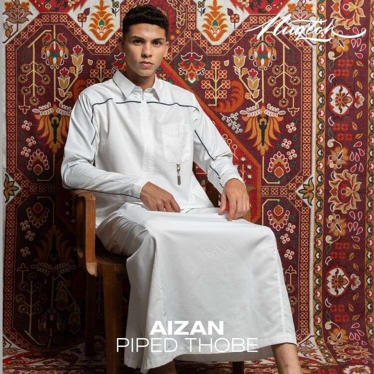 NUQTOH x ABYAD | AIZAN Thobe | Gamis Pria Premium dengan Slim Silhouette & Signature Piping & UV Protection - Image 25