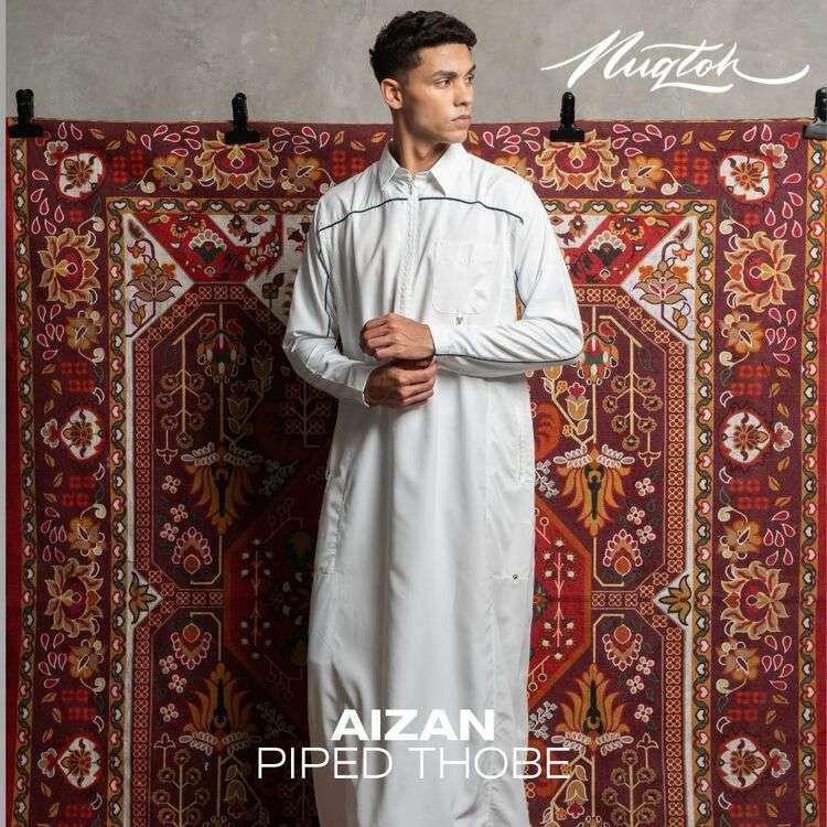 NUQTOH x ABYAD | AIZAN Thobe | Gamis Pria Premium dengan Slim Silhouette & Signature Piping & UV Protection - Image 22