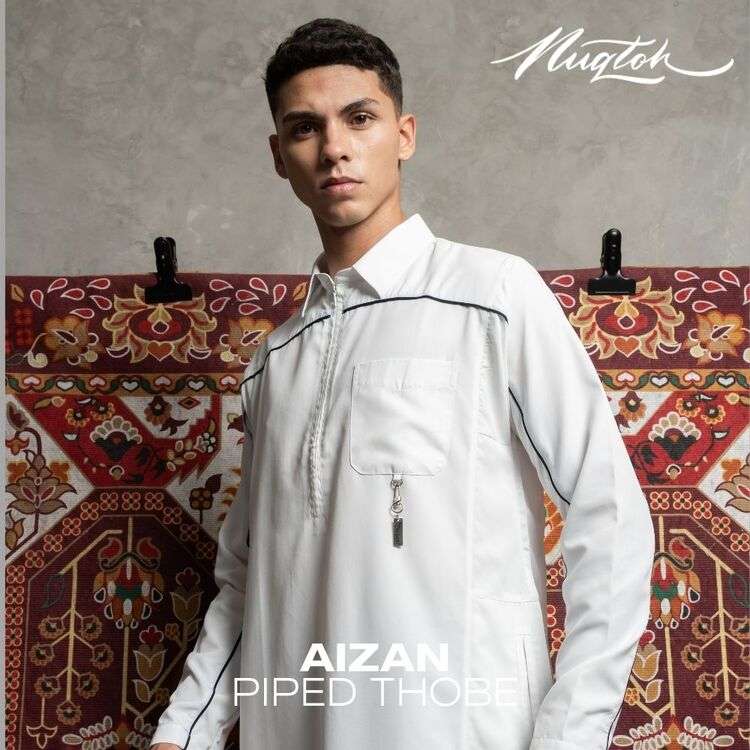 NUQTOH x ABYAD | AIZAN Thobe | Gamis Pria Premium dengan Slim Silhouette & Signature Piping & UV Protection - Image 12