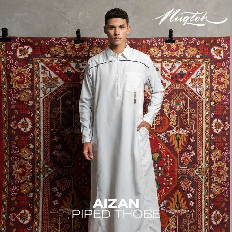NUQTOH x ABYAD | AIZAN Thobe | Gamis Pria Premium dengan Slim Silhouette & Signature Piping & UV Protection - Image 23
