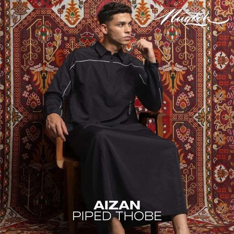 NUQTOH x ABYAD | AIZAN Thobe | Gamis Pria Premium dengan Slim Silhouette & Signature Piping & UV Protection - Image 21