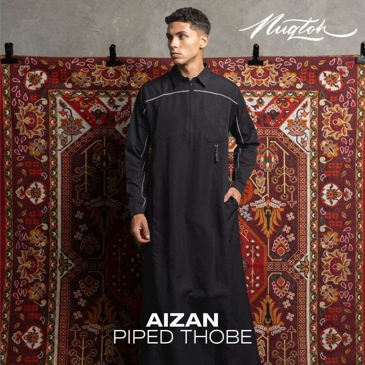 NUQTOH x ABYAD | AIZAN Thobe | Gamis Pria Premium dengan Slim Silhouette & Signature Piping & UV Protection - Image 20