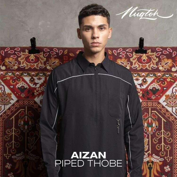 NUQTOH x ABYAD | AIZAN Thobe | Gamis Pria Premium dengan Slim Silhouette & Signature Piping & UV Protection - Image 17