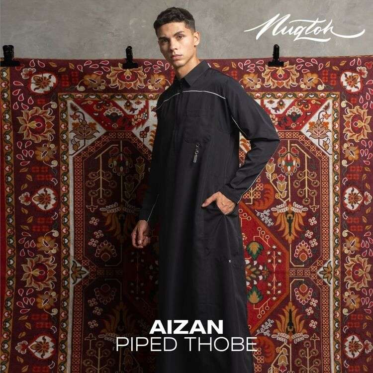 NUQTOH x ABYAD | AIZAN Thobe | Gamis Pria Premium dengan Slim Silhouette & Signature Piping & UV Protection - Image 19
