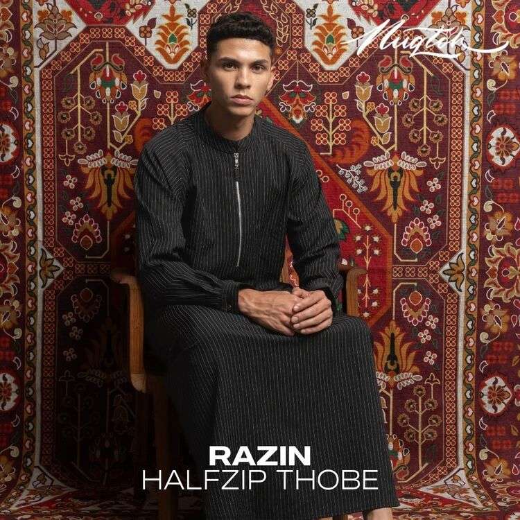 NUQTOH x ABYAD | RAZIN Thobe | Gamis Pria Premium Pinstripe Half Zip dengan Easy Wudhu System - Image 5