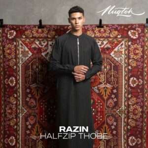 NUQTOH x ABYAD | RAZIN Thobe | Gamis Pria Premium Pinstripe Half Zip dengan Easy Wudhu System