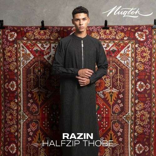 NUQTOH x ABYAD | RAZIN Thobe | Gamis Pria Premium Pinstripe Half Zip dengan Easy Wudhu System
