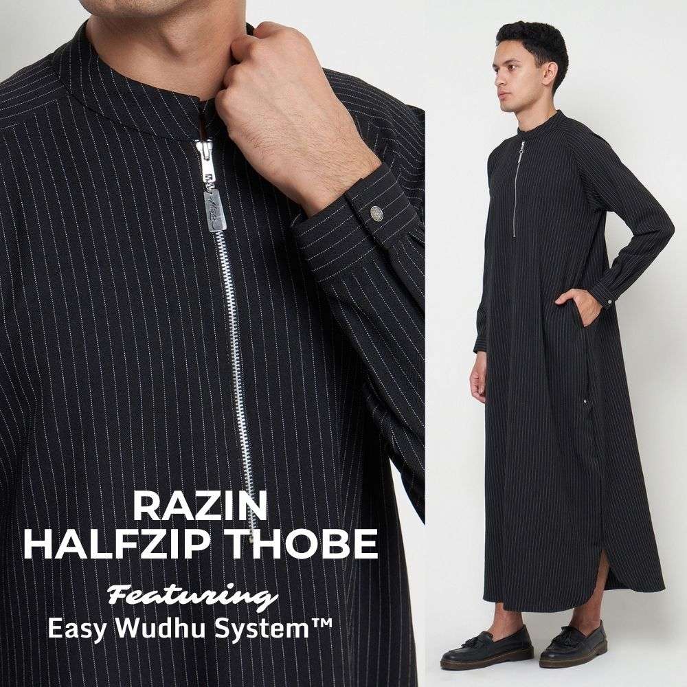 NUQTOH x ABYAD | RAZIN Thobe | Gamis Pria Premium Pinstripe Half Zip dengan Easy Wudhu System