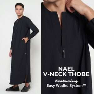 NUQTOH x ABYAD | NAEL Thobe | Modern Utility V-Neck Thobe with UV Protection & Easy Wudhu System
